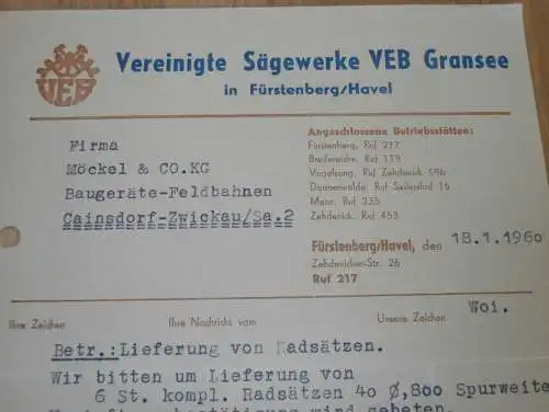 VEB Sägewerke VEB Gransee in Fürstenberg a. Havel , 1960 , alte Rechnung , Reklame / Werbung !!
