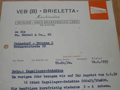 Maschinenbau - VEB Brieletta in Brielow b. Brandenburg , 1959 , alte Rechnung , Reklame / Werbung !!
