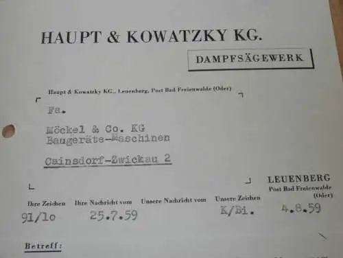 Dampfsägewerk - Haupt & Kowatzky KG in Leuenberg b. Bad Freienwalde , 1959 , alte Rechnung , Reklame / Werbung !!