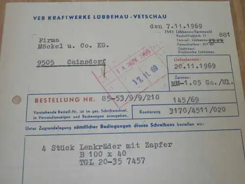 VEB Kraftwerke Lübbenau Vetschau , 1969 , alte Rechnung , Reklame / Werbung !!