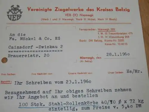 Vereinigte Ziegelwerke Niemegk , Kreis Belzig , 1960 , alte Rechnung , Reklame / Werbung !!