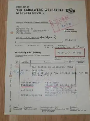 VEB Kabelwerk Oberspree , Werk Nord Schwerin ,1970 , alte Rechnung , Reklame / Werbung !!