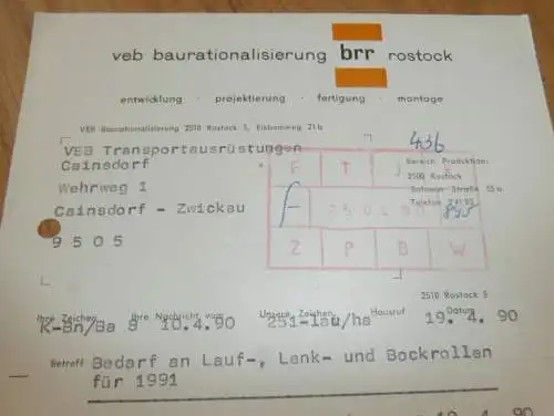 VEB Baurationalisierung BRR Rostock , 1990 , alte Rechnung , Reklame / Werbung !!