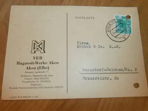 VEB Magnesit Werk Aken a. Elbe , 1960 , Ganzsache , Reklame / Werbung , Ansichtskarte , Postkarte