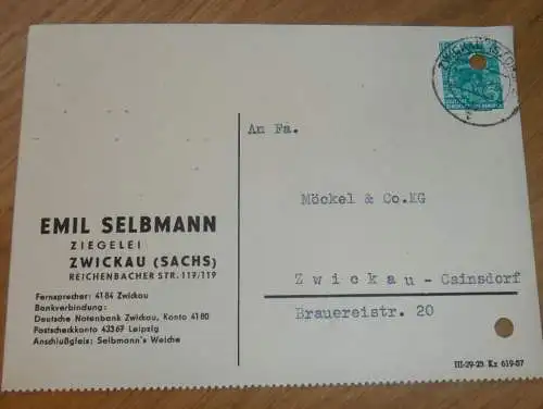 Ziegelei - Emil Selbmann in Zwickau i. Sachsen , 1960, Ganzsache , Reklame / Werbung , Ansichtskarte , Postkarte