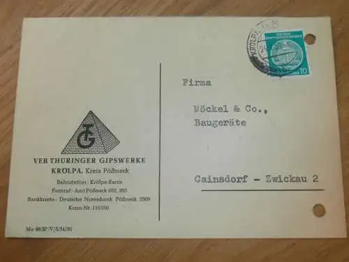 VEB Gipswerke Krölpa b. Pößneck , 1959 , Ganzsache , Reklame / Werbung , Ansichtskarte , Postkarte !