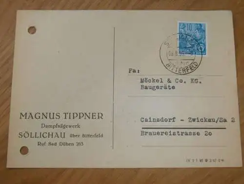 Sägewerk - M. Tippner in Söllichau / Bad Schmiedeberg 1959 , Ganzsache , Reklame / Werbung , Ansichtskarte , Postkarte !