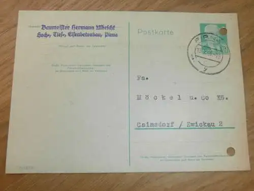Eisenbetonbau . Hermann Ulbricht in Pirna , 1959 , Ganzsache , Reklame / Werbung , Ansichtskarte , Postkarte !!