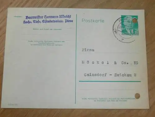 Eisenbetonbau . Hermann Ulbricht in Pirna , 1959 , Ganzsache , Reklame / Werbung , Ansichtskarte , Postkarte !!