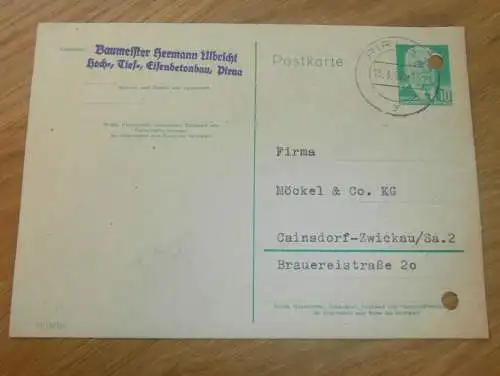 Eisenbetonbau . Hermann Ulbricht in Pirna , 1959 , Ganzsache , Reklame / Werbung , Ansichtskarte , Postkarte !!