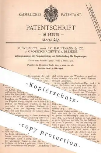 original Patent - Kunze & Co. , vorm. J. C. Hauptmann & Co. Großschachwitz / Dresden | 1902 | Kupplung für Bogenlampen