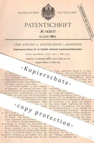 original Patent - Gebr. Körting , Körtingsdorf / Hannover | 1901 | Regler für Zweitakt - Explosionskraftmaschine | Motor