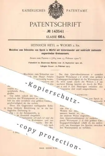 original Patent - Heinrich Heyl , Worms / Rh. | 1902 | Maschine zum Schneiden von Würfel - Speck | Fleischer , Messer !