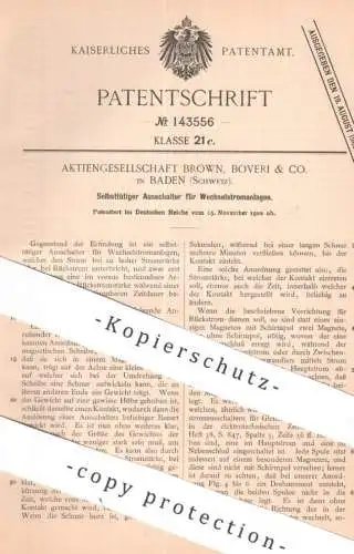 original Patent - AG Brown , Boveri & Co. , Baden , Schweiz | 1902 | Ausschalter für Wechselstromanlage | Strom Elektrik