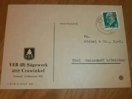 VEB Sägewerk Crawinkel b. Gräfenroda  , 1970 , Reklame / Werbung , Ansichtskarte , Postkarte !