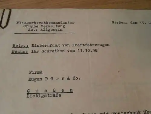 Fliegerhorst-Kommandantur in Gießen , 1938 ,Einberufung / Konfiszierung von Fahrzeugen, L.G.Kdo., 6. Flughafen Kompagnie