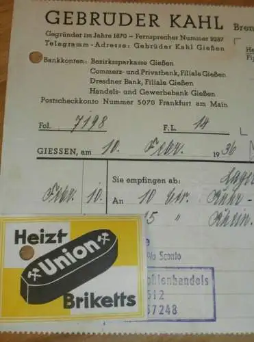 Union Briketts - Gebrüder Kahl in Gießen , 1936 , altes Dokument / Rechnung , Reklame / Werbung , Giessen