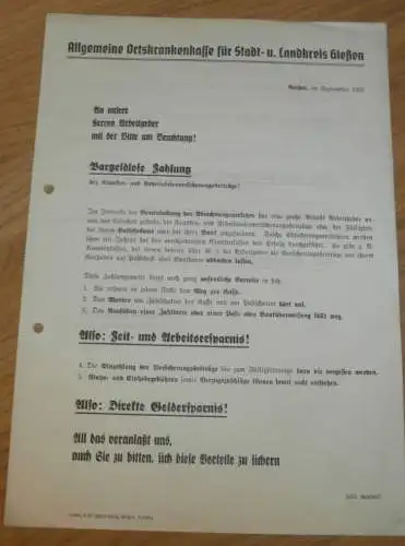 Ortskrankenkasse / Krankenkasse in Gießen , 1937 , altes Dokument / Rechnung , Reklame / Werbung , Giessen