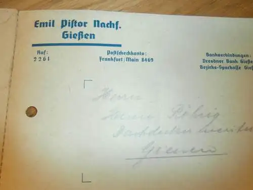 Drucksache - Emil Pistor Nachf. in Gießen , 1939 , altes Dokument / Rechnung , Reklame / Werbung , Giessen