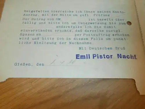 Drucksache - Emil Pistor Nachf. in Gießen , 1939 , altes Dokument / Rechnung , Reklame / Werbung , Giessen