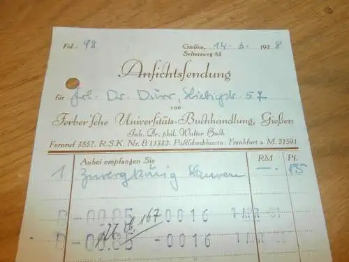 Ansichtssendung - Ferber `sche Buchhandlung in Gießen , 1938 , altes Dokument / Rechnung , Reklame / Werbung , Giessen