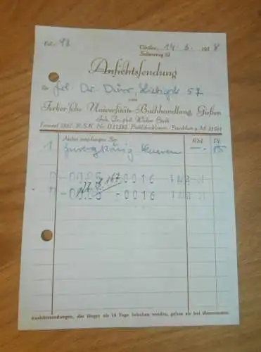Ansichtssendung - Ferber `sche Buchhandlung in Gießen , 1938 , altes Dokument / Rechnung , Reklame / Werbung , Giessen
