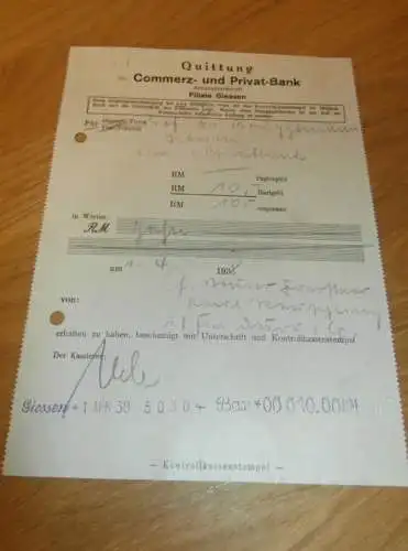 Commerz- und Privatbank in Gießen , 1938 , altes Dokument / Rechnung , Reklame / Werbung , Giessen