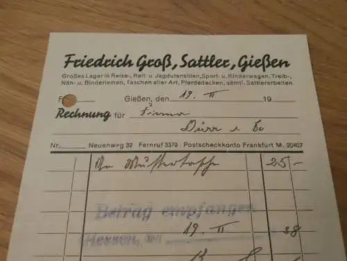 Sattler - Friedrich Groß in Gießen , 1938 , altes Dokument / Rechnung , Reklame / Werbung , Giessen
