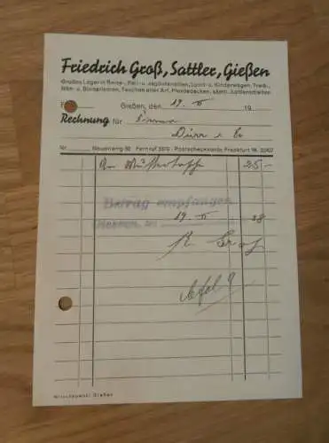 Sattler - Friedrich Groß in Gießen , 1938 , altes Dokument / Rechnung , Reklame / Werbung , Giessen