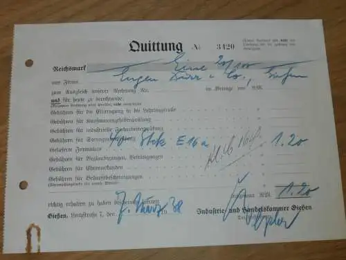 Industrie- und Handelskammer in Gießen , 1938 , altes Dokument / Rechnung , Reklame / Werbung , Giessen