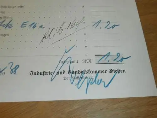 Industrie- und Handelskammer in Gießen , 1938 , altes Dokument / Rechnung , Reklame / Werbung , Giessen