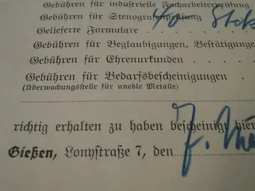 Industrie- und Handelskammer in Gießen , 1938 , altes Dokument / Rechnung , Reklame / Werbung , Giessen