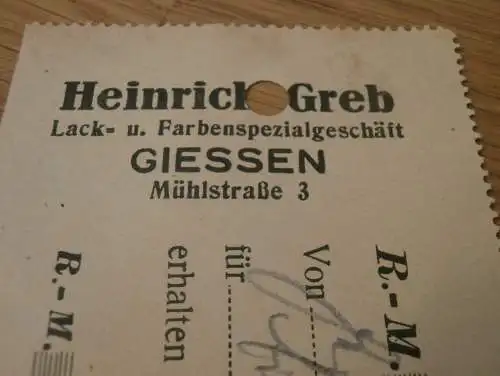 Malerwerkzeuge - Heinrich Greb in Gießen , 1939 , altes Dokument / Rechnung , Reklame / Werbung , Giessen