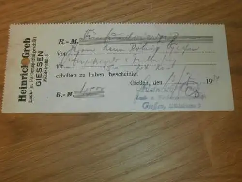 Malerwerkzeuge - Heinrich Greb in Gießen , 1939 , altes Dokument / Rechnung , Reklame / Werbung , Giessen