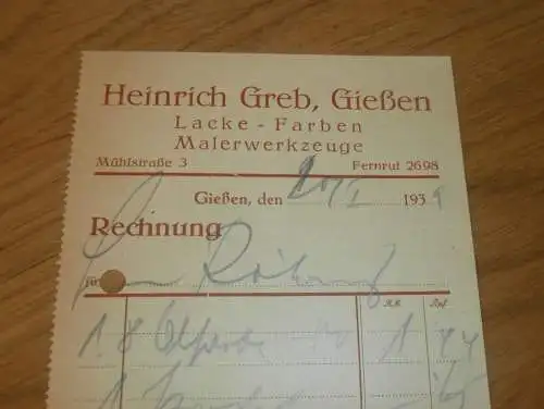 Malerwerkzeuge - Heinrich Greb in Gießen , 1939 , altes Dokument / Rechnung , Reklame / Werbung , Giessen