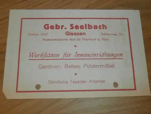 Special - Werkstätten Gebr. Seelbach in Gießen , 1939 , altes Dokument / Rechnung , Reklame / Werbung , Giessen