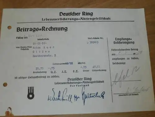 Deutscher Ring AG - Anton Auer in Gießen , 1938 , altes Dokument / Rechnung , Reklame / Werbung , Giessen