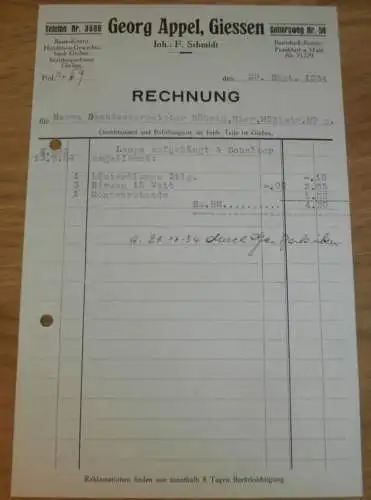 Georg Appel - Inh. F. Schmidt in Gießen , 1934 , altes Dokument / Rechnung , Reklame / Werbung , Giessen