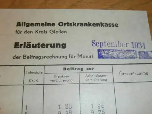 Ortskrankenkasse in Gießen , 1934 , altes Dokument / Rechnung , Reklame / Werbung , Giessen