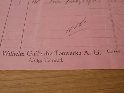 Wilhelm Gail `sche Tonwerke AG in Gießen , 1936 , altes Dokument / Rechnung , Reklame / Werbung , Giessen