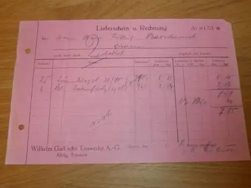 Wilhelm Gail `sche Tonwerke AG in Gießen , 1936 , altes Dokument / Rechnung , Reklame / Werbung , Giessen
