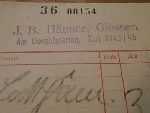 J.B. Häuser in Gießen , 1936 , altes Dokument / Rechnung , Reklame / Werbung , Giessen