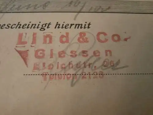 Lind & Co. in Gießen , 1939 , altes Dokument / Rechnung , Reklame / Werbung , Giessen