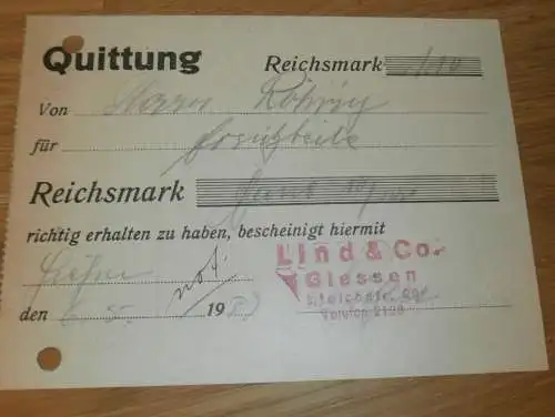 Lind & Co. in Gießen , 1939 , altes Dokument / Rechnung , Reklame / Werbung , Giessen