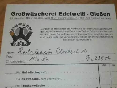 Wäscherei - Edelweiß in Gießen , 1934 , altes Dokument / Rechnung , Reklame / Werbung , Giessen