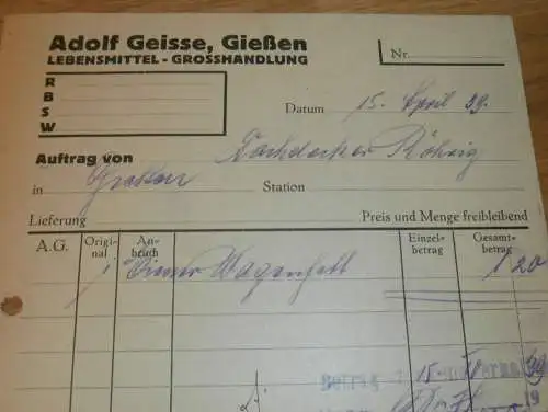 Lebensmittel - Adolf Geisse in Gießen , 1939 , altes Dokument / Rechnung , Reklame / Werbung , Giessen