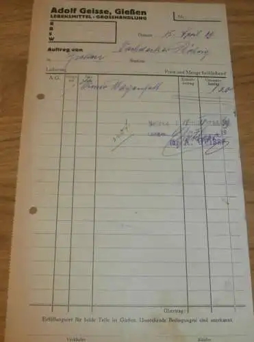 Lebensmittel - Adolf Geisse in Gießen , 1939 , altes Dokument / Rechnung , Reklame / Werbung , Giessen
