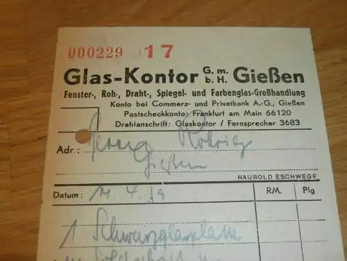 Glas-Kontor in Gießen , 1939 , altes Dokument / Rechnung , Reklame / Werbung , Giessen