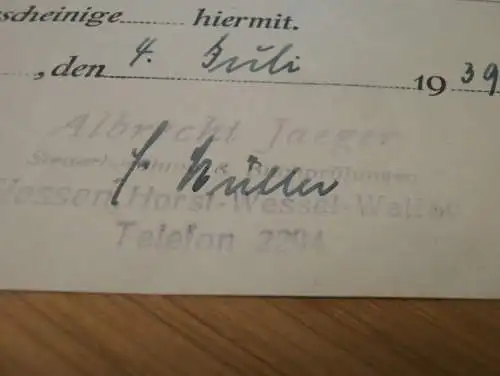 Steuerberatung - Albrecht Jaeger in Gießen , 1939 , altes Dokument / Rechnung , Reklame / Werbung , Giessen