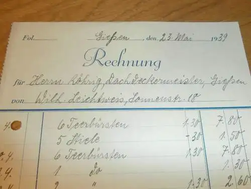 Wilhelm Leichtweiss in Gießen , 1939 , altes Dokument / Rechnung , Reklame / Werbung , Giessen